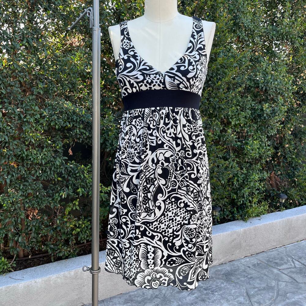 Wallis Petite Black White Floral Scroll Print Empire Waist Dress UK Size 10